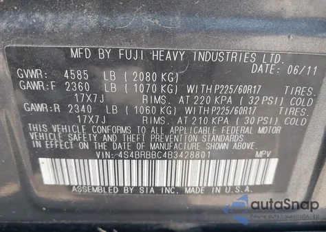 2011 Subaru Outback 2.5I Premium из США, поврежденный, VIN 4S4BRBBC4B3428801